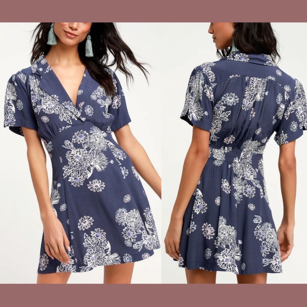 NEW‎ Free People [SZ SMALL ] Hawaii Collar Floral Mini Dress in Blue Washed